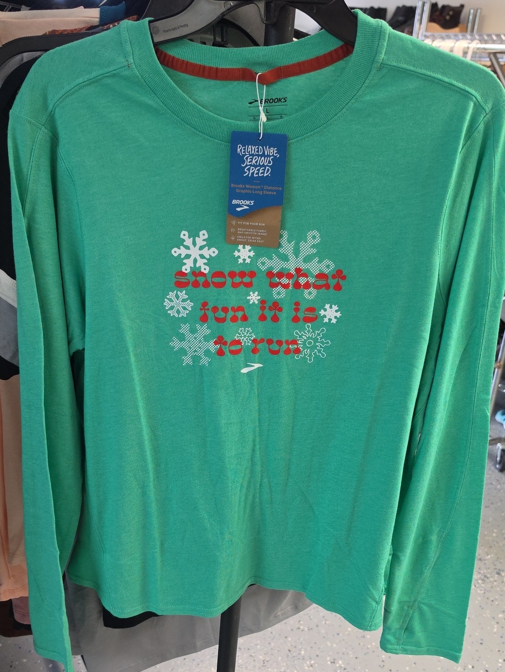 Brooks Green Long-Sleeve Crewneck Sweater with Red & White Snowflake Graphic